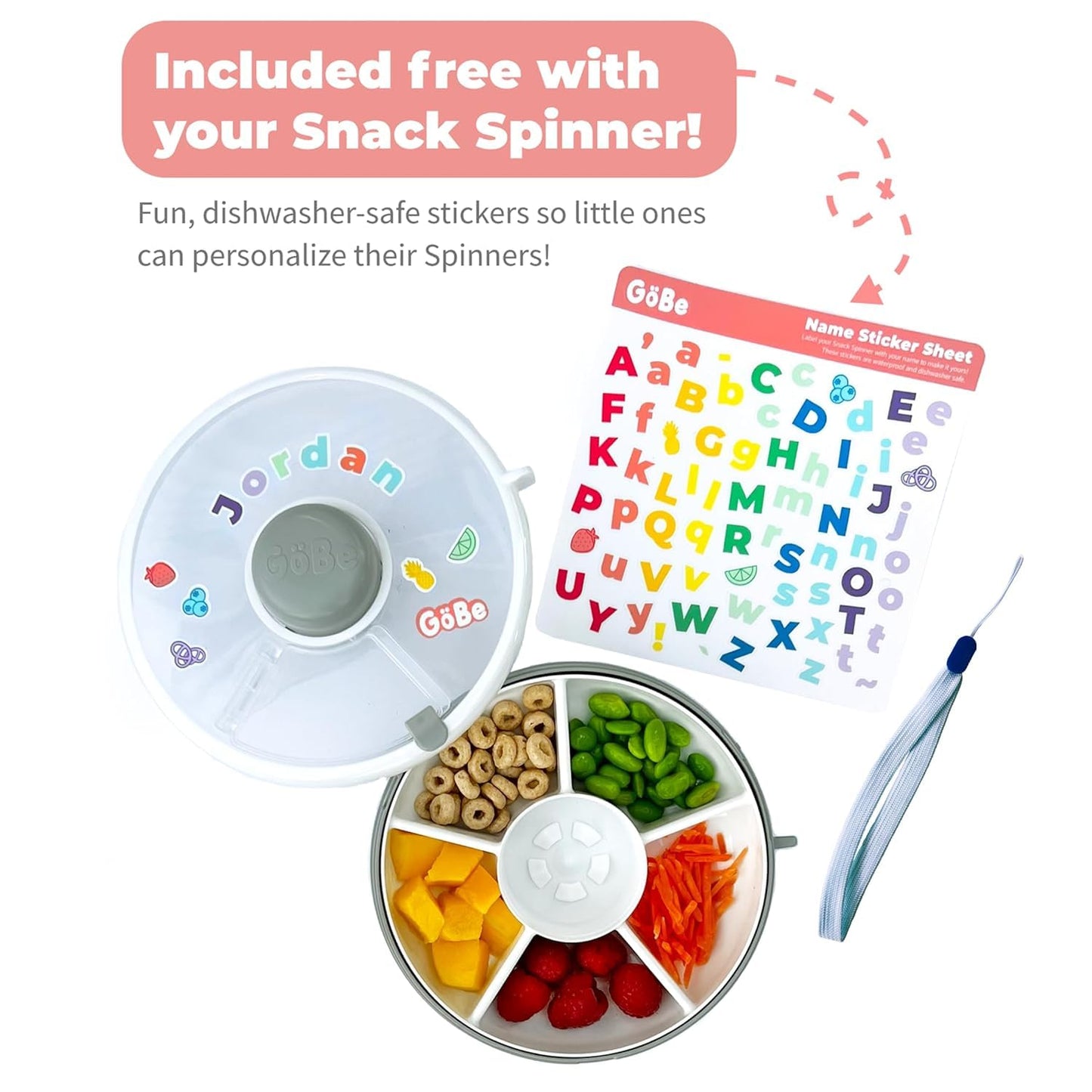 GoBe Kids Small Snack Spinner Flip Bundle with Hand Strap and Sticker Sheet - Reusable Snack Container with 5 Compartment Dispenser and Lid | BPA/PVC Free | Dishwasher Safe | No Spill - Pumpkin Spice