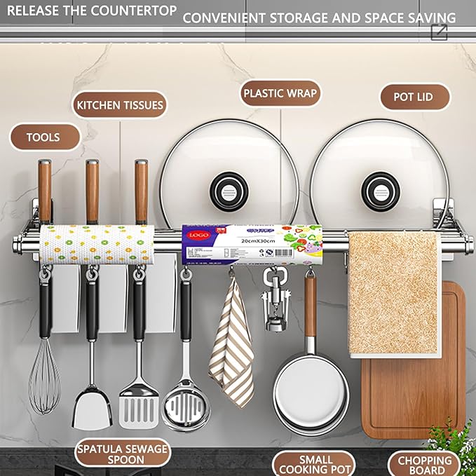 Hanging Wall Mount knife Wall Mount, Kitchen Organizer Storage Shelf for Utensils Spatula Spoon, Space-Saving Knife Rack with Hooks,Wall-Mounted Utensil Holder (Black, 40CM+Single Pole+6Hooks)