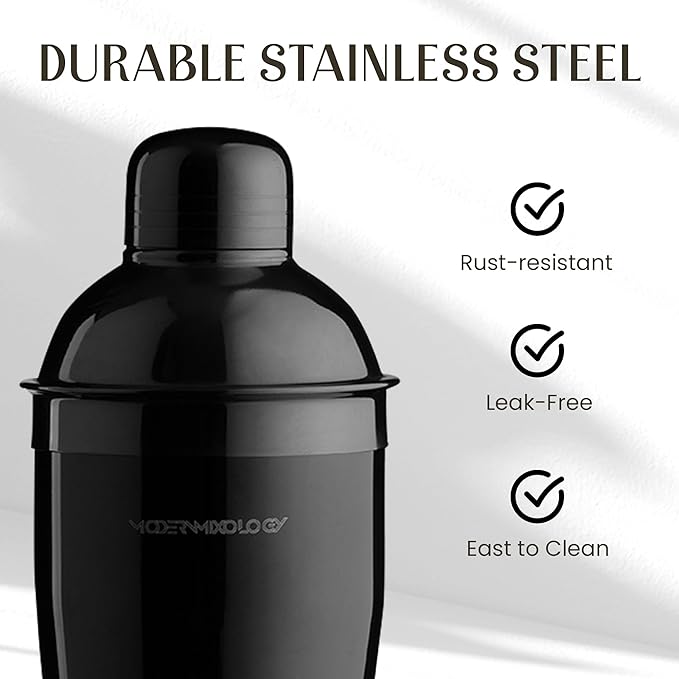 Modern Mixology 21-Piece Cocktail Shaker Set with Stand | Complete Cocktail Kit Gift Set | Top Bartender Gifts for Men & Women | Portable Bar Tools (Black, Brown Stand)