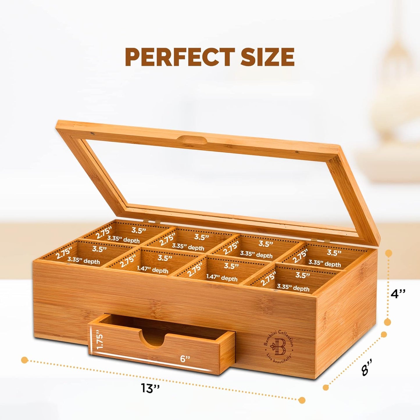 BAMBUSI Tea Bag Organizer - Bamboo Tea Box Storage with Drawer & Acrylic Window, Tea Organizer Holder, Tea Bag Holder, Tea Storage Box, Tea Box Organizer, Gift Idea for Home Kitchen (Tea Not Included)