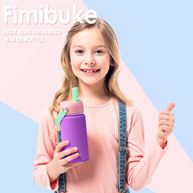 Fimibuke Kids Insulated Water Bottle, 14oz BPA FREE 18/8 Stainless Steel Travel Tumbler Double Wall Vacuum Leak Proof Kids Cup with Straw Metal Water Bottle for School Boys Girls(1 Pack, Blush)