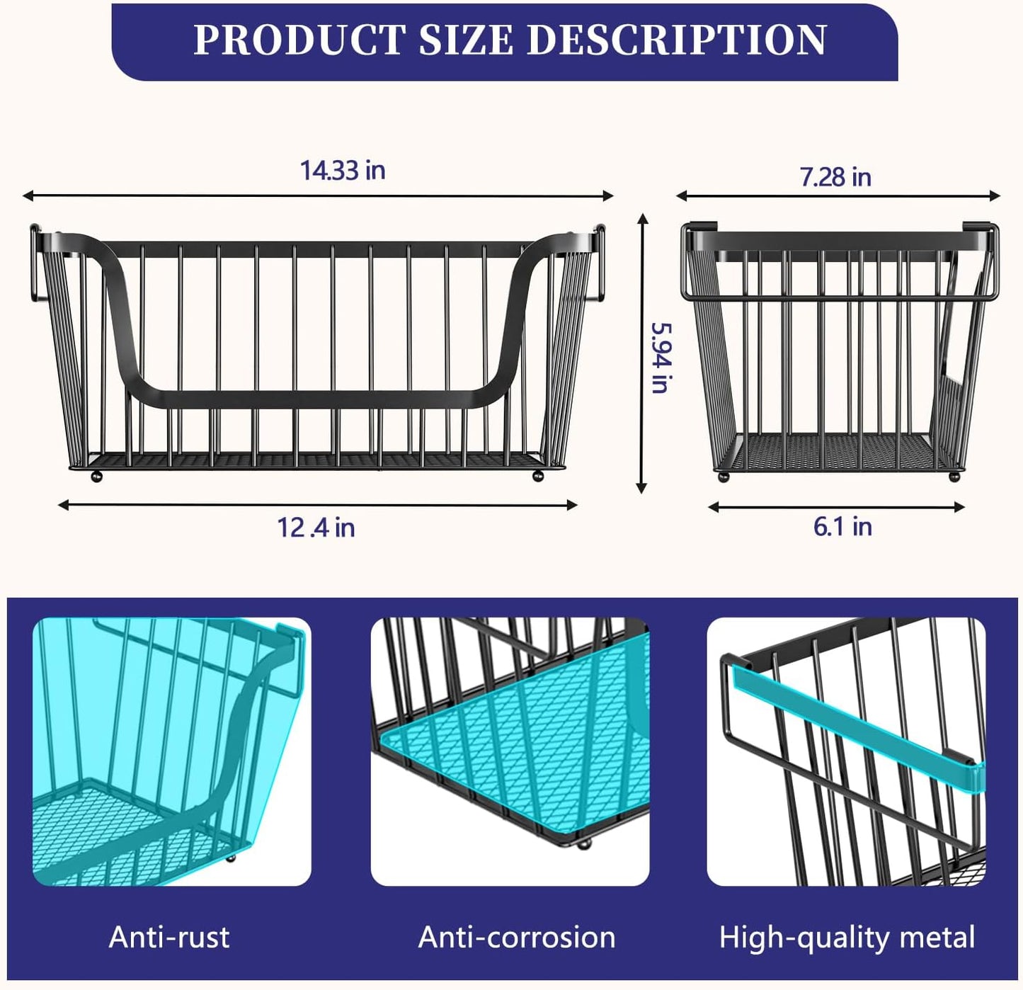 Enhanced Leak-Proof Bottom Stackable Wire Baskets, 6 Pack Pantry Organizers and Storage, pantry storage，Shelf Baskets, Fruit Basket, Potato and Onion Storage Bins，(Black)