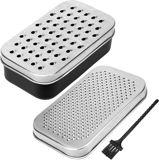 2 In 1 Cheese Grater with Container and Lid Metal Handheld with Storage Box Stainless Steel – Citrus Lemon Zester, Fruit Vegetable Onion Choppers, Airtight Includes Hand Peelers, Grinder, Shredder