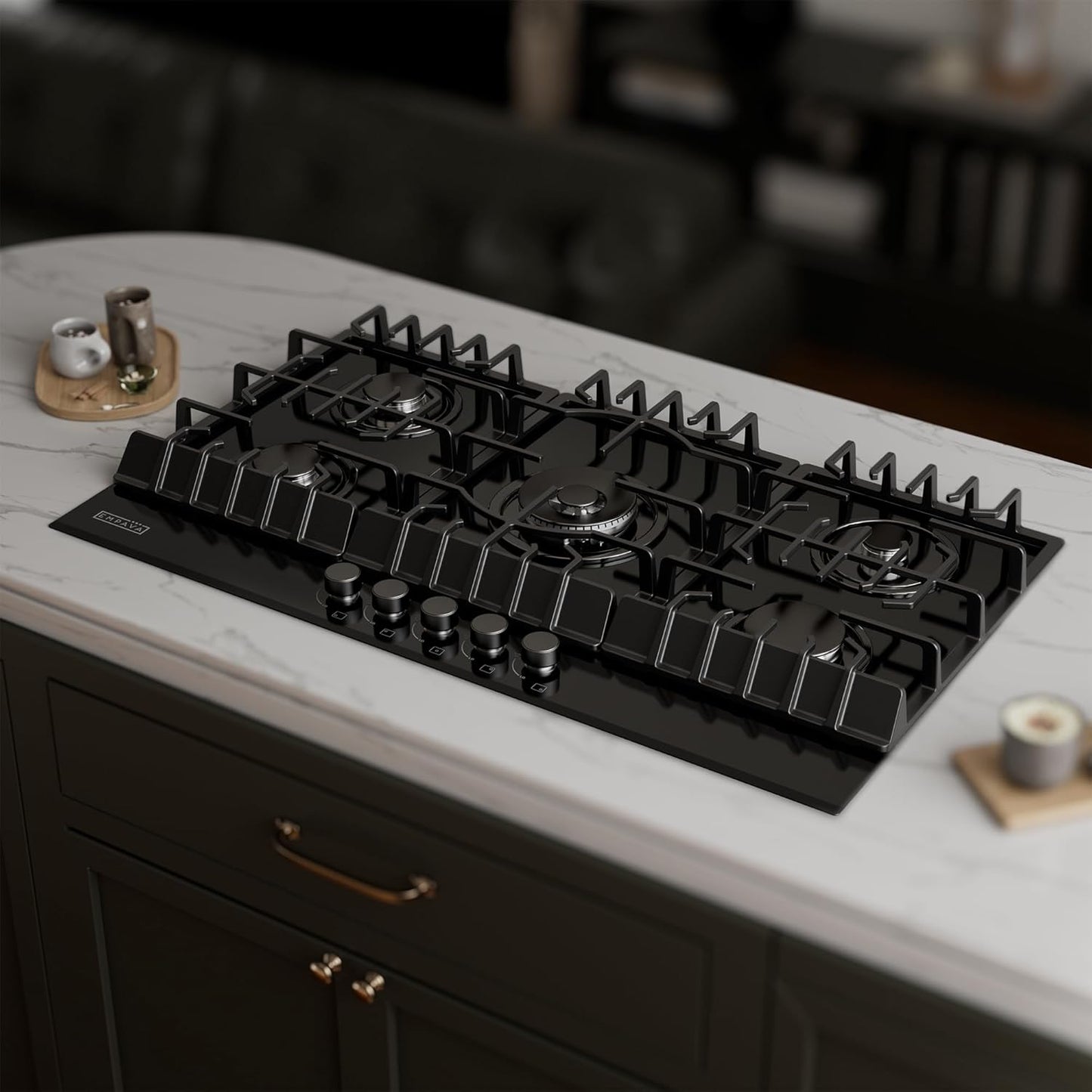 Empava 36" Gas Stove Cooktop NG/LPG Convertible with 5 Italy Sabaf Sealed Burners in Black Tempered Glass, 36 Inch