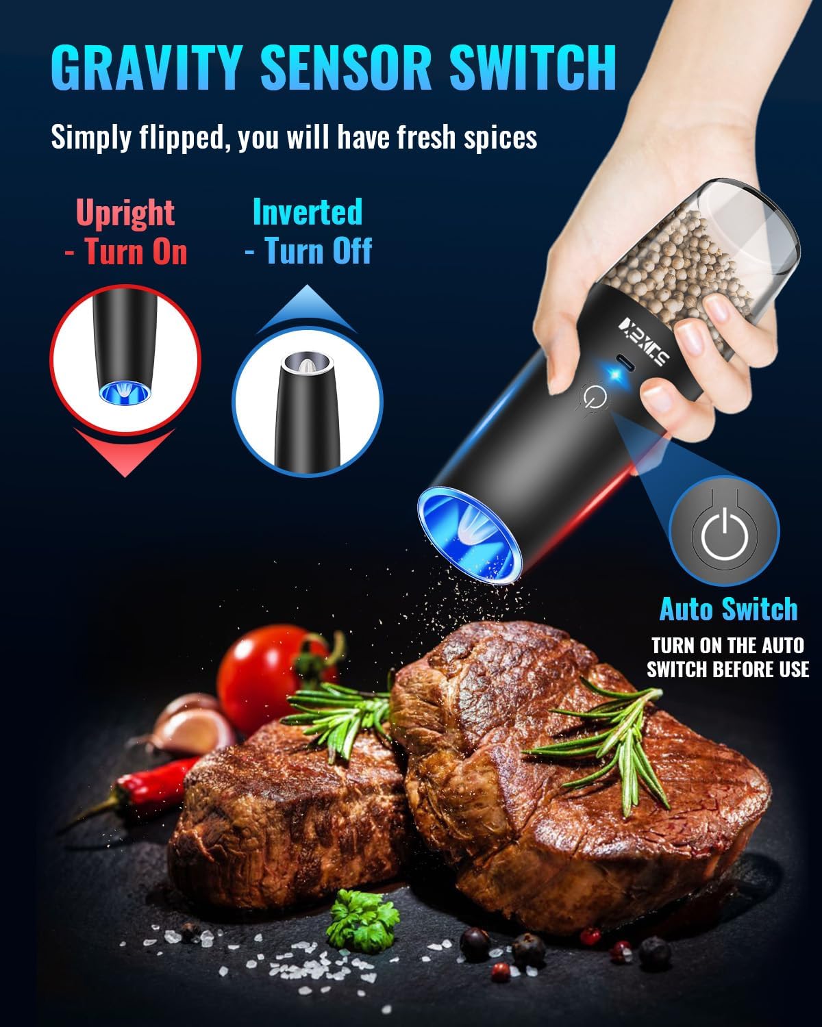 XinXu Rechargeable Pepper and Salt Grinder Set, No Battery Needed, whit Gravity Sensing Switch and LED Light, One Hand Automatic Operation -2 Pack/Black