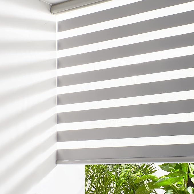 Persilux Cordless Zebra Blinds for Windows (46" W X 64" H, Grey) Free-Stop Windows Shades Dual Layer Light Control for Day and Night, Light Filtering Sheer Shades for Home, Easy to Install