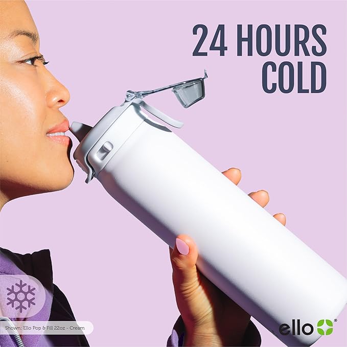 Ello Pop & Fill 32oz Stainless Steel Water Bottle with Quick Fill Technology, Double Walled and Vacuum Insulated Metal, Leak Proof Locking Lid, Sip and Chug, Reusable, BPA Free, Raincloud
