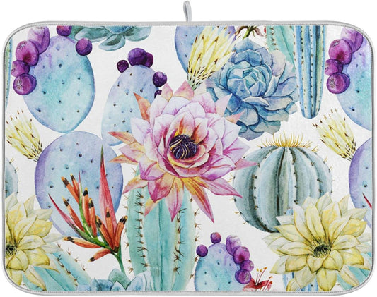 Cactus Succulent Plant Dish Drying Mat for Kitchen Counter Absorbent Microfiber Drying Pad, Medium 16x18 in, Reversible Drainer Mats