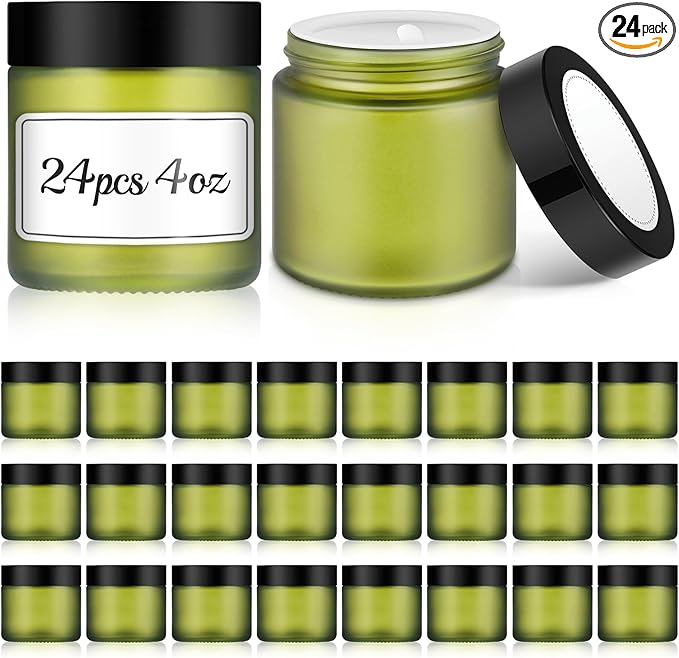 Bumobum 24 Pack 4 oz Small Glass Jars with Lids, Green Glass Cosmetic Jars with Inner Liners, 120ml Round Empty Sample Containers for Cream, Powders and Ointments Storage
