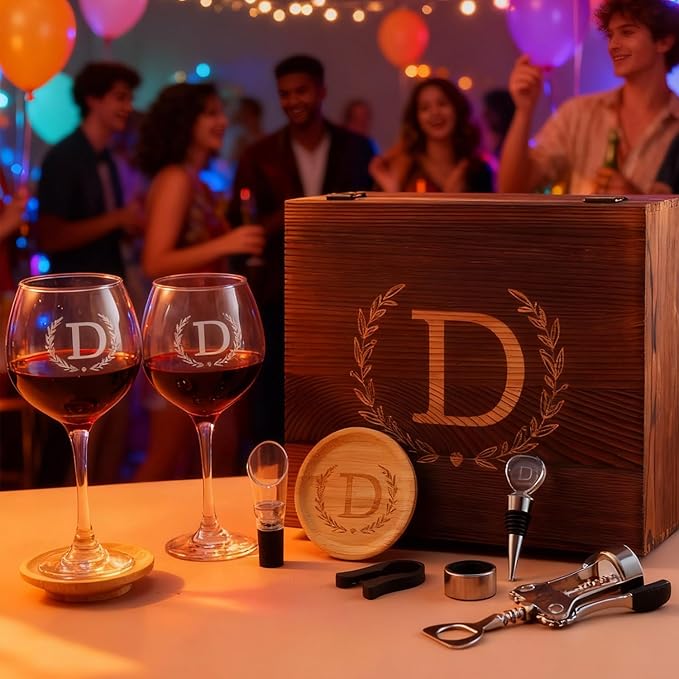 GZLDGIFTS Personalized Initial Wine Glasses Box Gift Set For Women Mom Engraved Birthday Monogrammed Wooden Christmas Gifts Wedding Anniversary Wine Couples Stopper Opener Initial Letterr (S Set)
