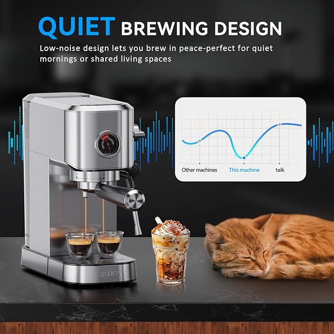 XIXUBX 20Bar Espresso Machine, Compact Espresso Maker with Milk Frother, Stainless Steel Coffee Machine for Cappuccino&Latte, 42oz Water Tank, Visible Pressure Gauge, Home&Office, Silver