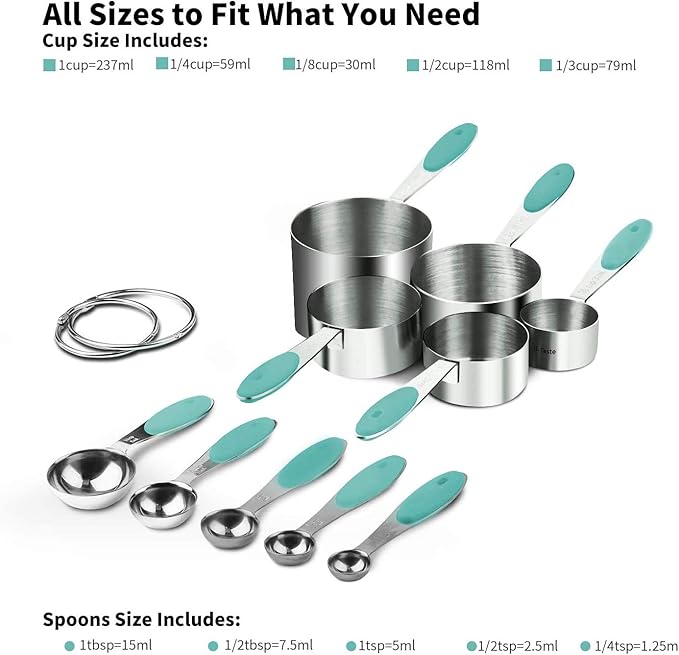 U-Taste 18/8 Stainless Steel Measuring Cups and Spoons Set of 10 Piece, Upgraded Thickness Handle and 1.5oz Heat Resistant Angled Turkey Baster with Cleaning Brush for Cooking Basting (Aqua Sky)