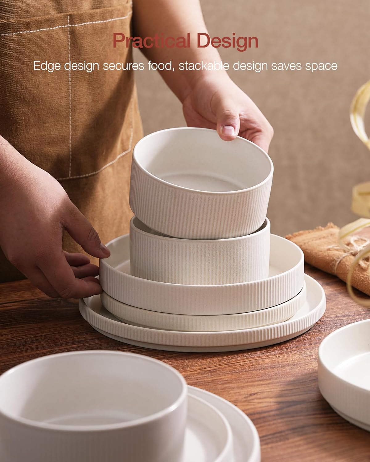 Famiware Star Dinnerware Set with Pasta Bowls, Service for 4 (16pcs), Ribbed Stoneware Plates and Bowls Dishes Sets - Chip & Scratch Resistant, Microwave & Dishwasher Safe, Matte White