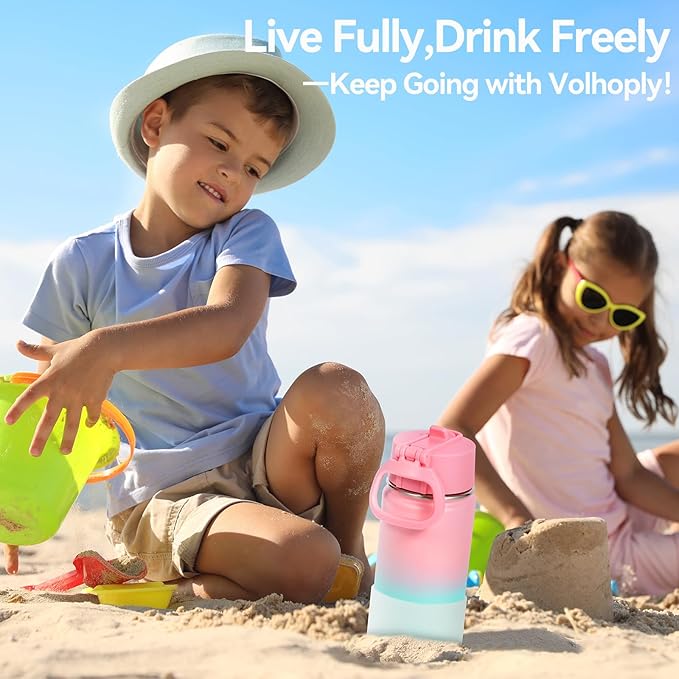 Volhoply 14oz KIds Stainless Steel Insulated Leakproof Water Bottle with Straw Lid and Silicone Boot,BPA-Free Easy Use for Boys&Girls,Double Wall Vacuum Bottles(Lavender Blue,1)