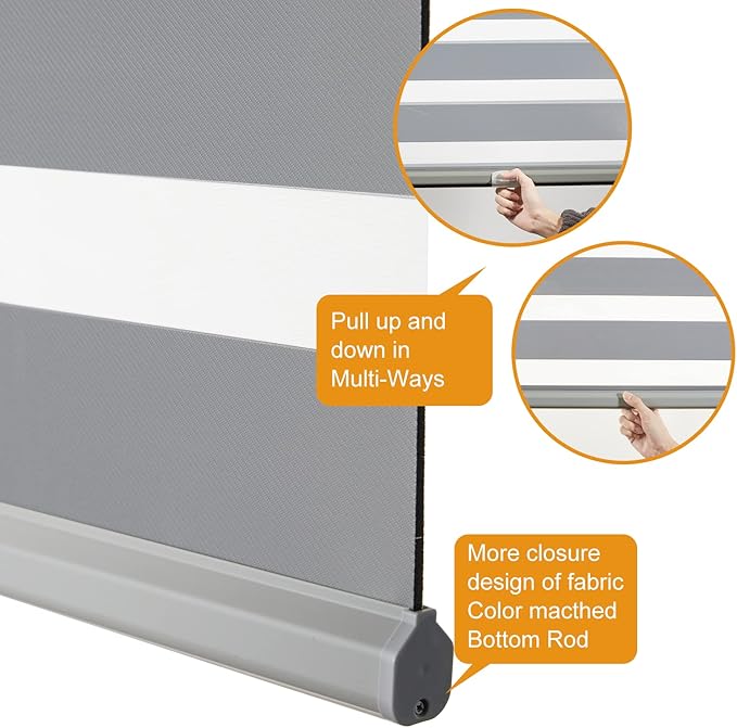 Persilux Cordless Zebra Blinds for Windows Free-Stop Roller Windows Shades (34" W X 64" H, Grey) Dual Layer Light Control for Day and Night, Light Filtering Sheer Shades for Home