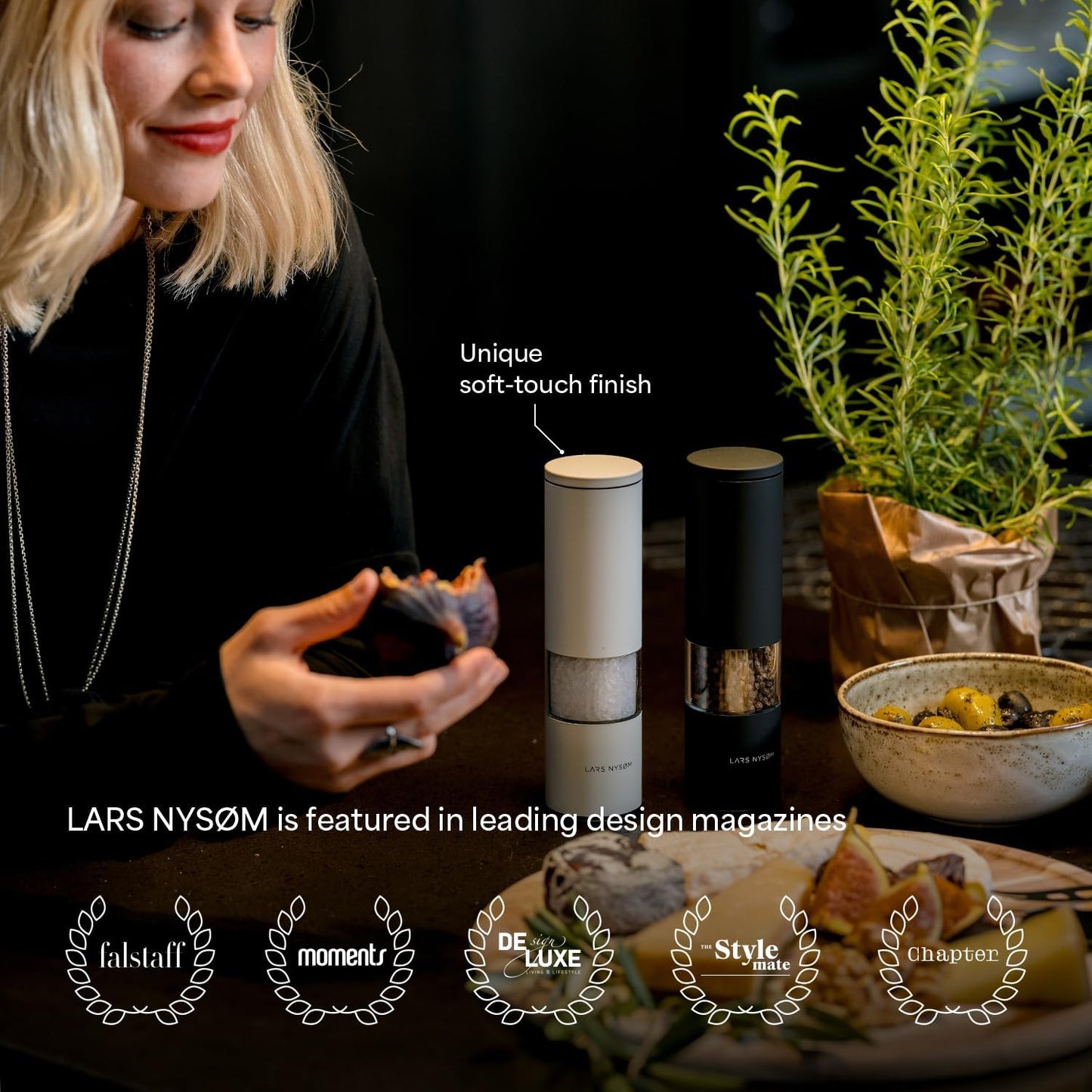LARS NYSØM Salt and Pepper Grinder Set Manual, Stainless Steel Salt and Pepper Mills with Adjustable Ceramic Grinder I Design Spice Shakers (Peach/Beige)