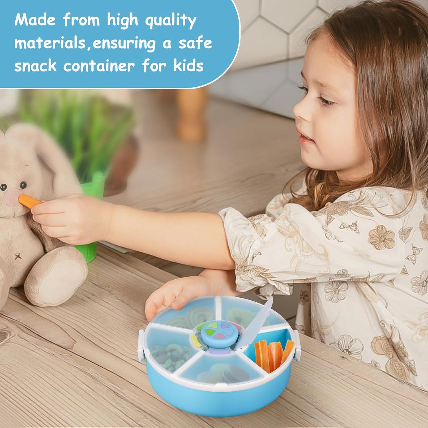 Kids Snack Spinner – Reusable Snack Container with 5 Compartments & Lid, BPA/PVC-Free, Dishwasher Safe, Perfect for Travel, School Lunches & On-the-Go Snacking, Blue