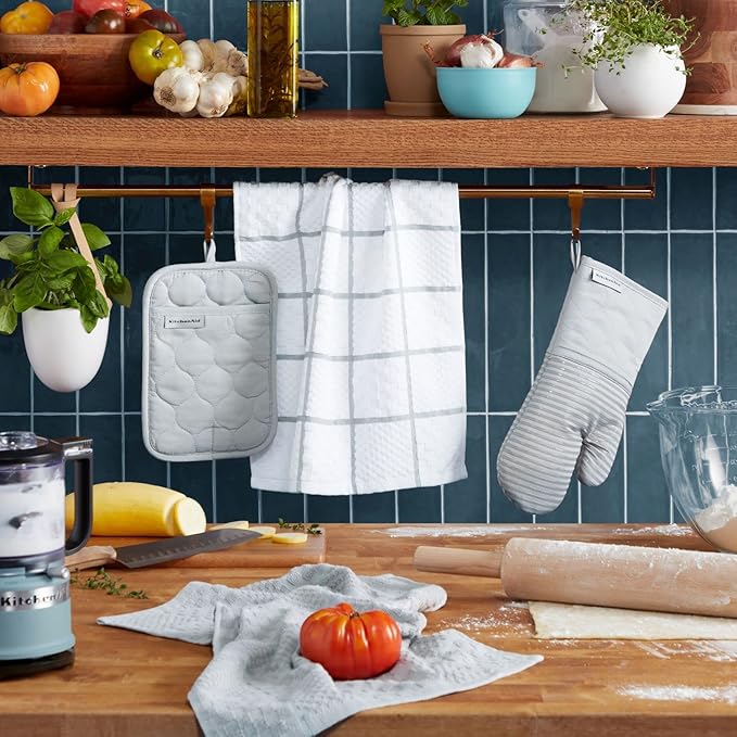 KITCHENAID Quilted Cotton Terry Cloth Oven Mitt, Pot Holder, Kitchen Towel 4-Pack Set, Heat Resistant, Silicone Grip, 16"x26", 7"x13" & 7"x10", Matte Grey
