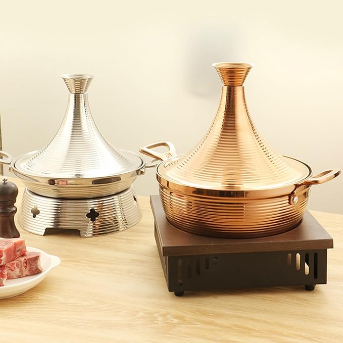 Moroccan Tagine Cooking Pot,Stainless Steel Non Stick Moroccan Casserole with 2 Handles,Large Moroccan Cooker Handmade Tagine Pot with Cone-Shaped Lid(22cm, Silver)
