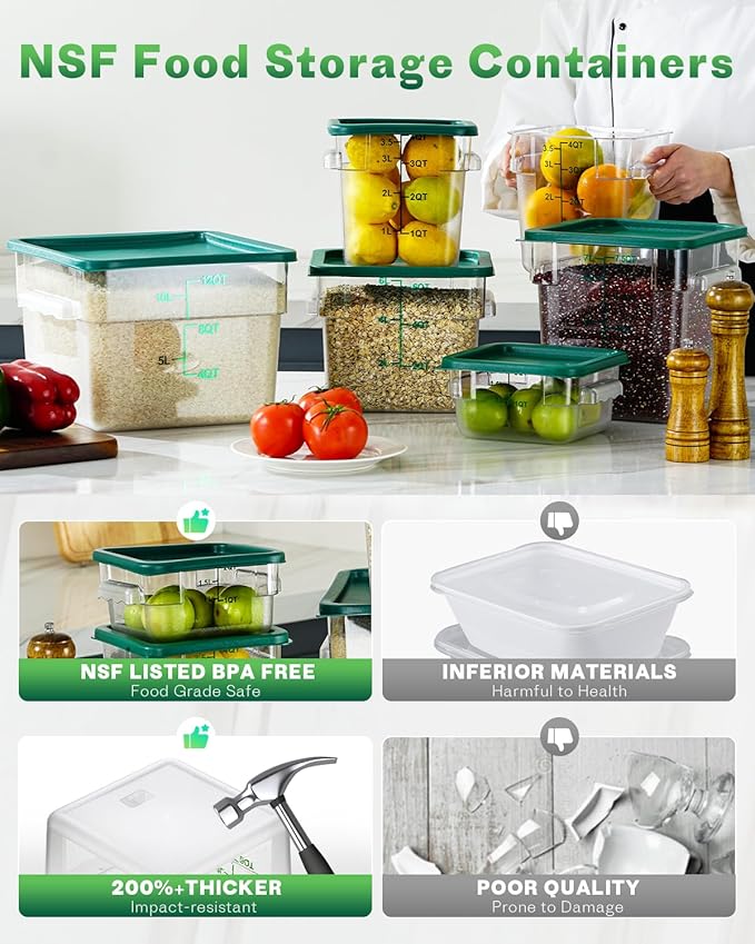 4L NSF Food Storage Containers: 4 PCS [Food Grade][Hot&Cold Resistant] Commercial Clear Food Storage Containers with Lids for Restaurant Kitchen Proof Dough, Measuring Spoons Included(Green)
