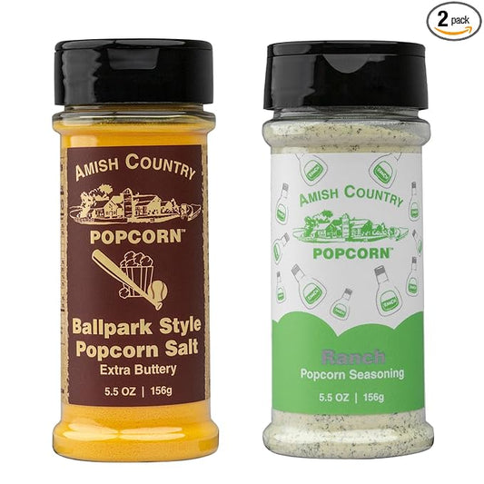 Amish Country Popcorn | Seasoning Variety Pack | BallPark Style ButterSalt - 5.5 oz and Ranch - 5.5 oz Popcorn Seasoning | Old Fashioned, Non-GMO