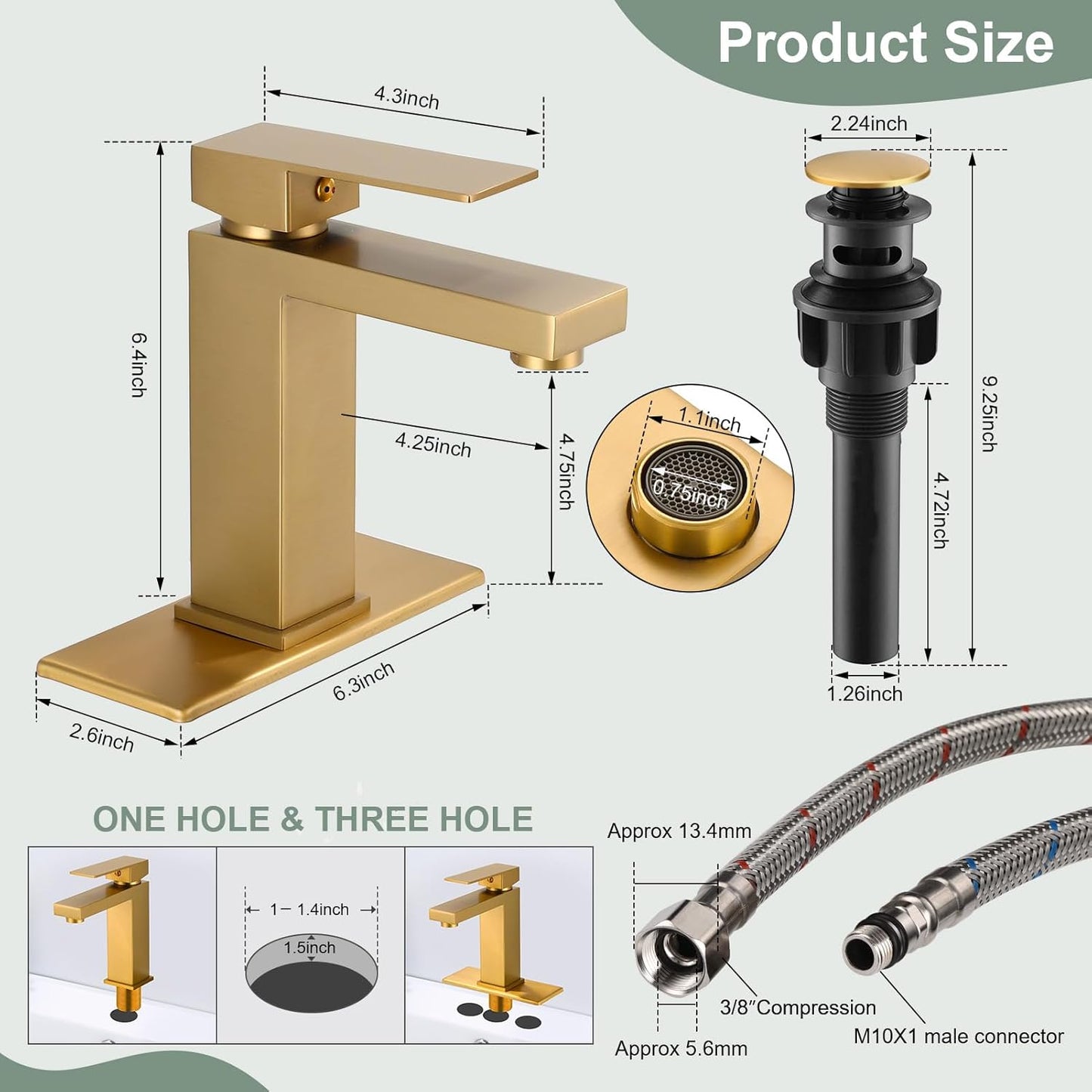 Bathroom Faucet Brushed Gold Single Handle Vessel Sink Faucet 1 Hole Modern Stainless Steel Vanity Faucet for Bathroom Sink with Pop Up Drain Stopper & Water Supply Hoses