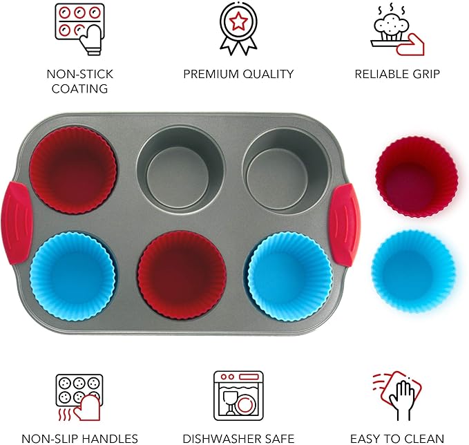 Boxiki Kitchen Duo: Non-Stick Steel Jumbo 6 Cup Muffin Pan with Silicone Handles & Reusable Liners and Durable Silicone Pound Cake Pan with Heavy Grade Steel Frame - Master Your Baking Game!
