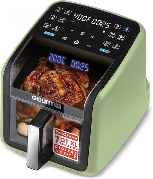 Gourmia Air Fryer 7 QT - Easy View Panorama Window & Interior Light, Guided Cooking with 12 One-Touch Presets, FryForce 360, Dishwasher Safe Accessories, Green