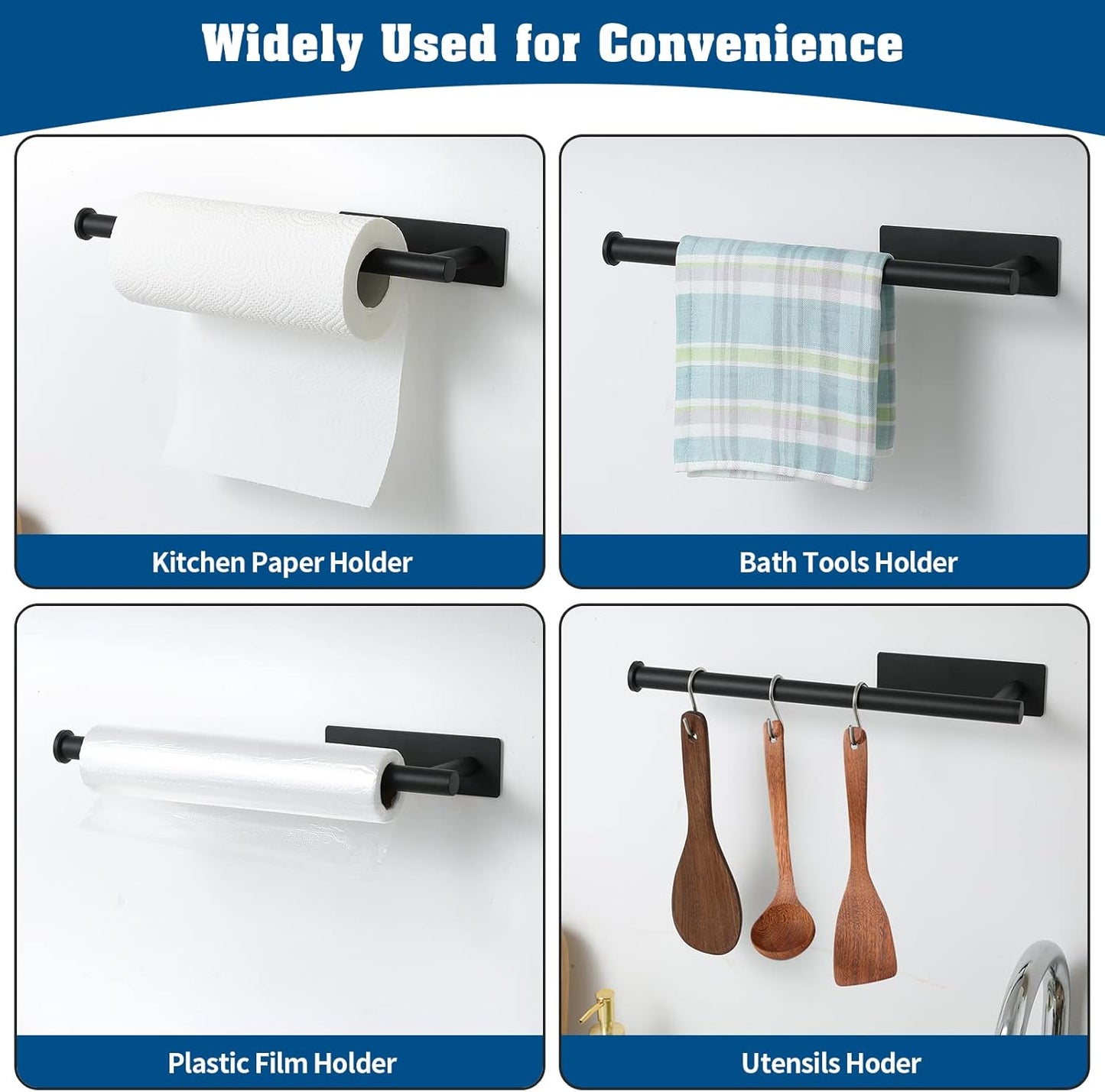 theaoo Paper Towel Holder - Under Cabinet Paper Towel Holder for Kitchen, Adhesive Paper Towel Roll Rack for Bathroom Towel, Wall Mounted Matte Black Paper Towel Rack, SUS304 Stainless Steel