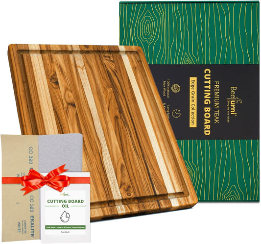BEEFURNI Teak Wood Cutting Board with Juice Groove Hand Grip (S, 18x14x1"), Wooden Cutting Boards for Kitchen, Butcher Block, Charcuterie Boards, Christmas Gifts, 1-year Manufacturer Warranty