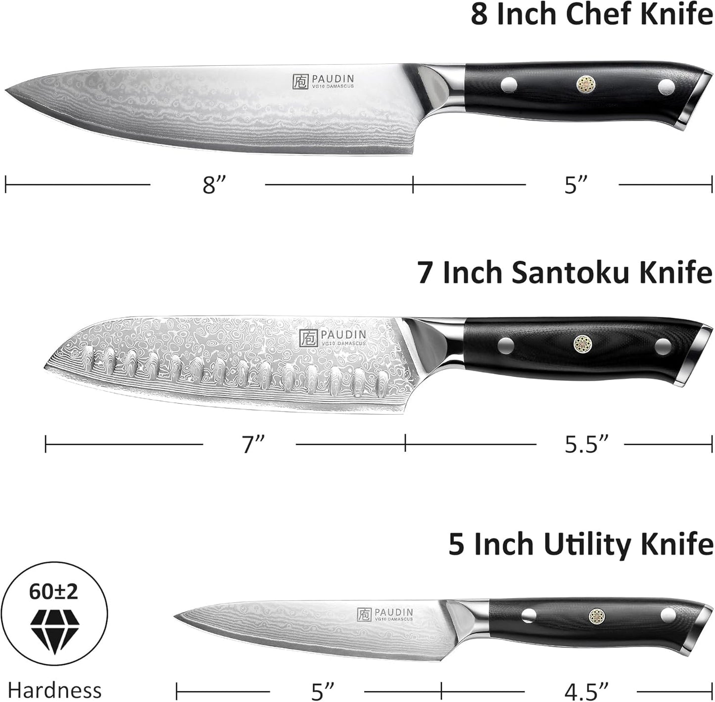 PAUDIN Damascus Knife Set 3 PCS, Japanese VG10 Steel Core, Ultra Sharp Chef Knife Set, Full Tang G10 Handle, Damascus Kitchen Knives