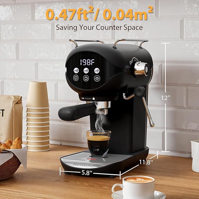 Espresso Machine with Steam Milk Frother Semi Automatic 20 Bar Compact Black with Toggle Switch for home Cafetera Espresso, Latte, Cappuccino, Americano, Macchiato