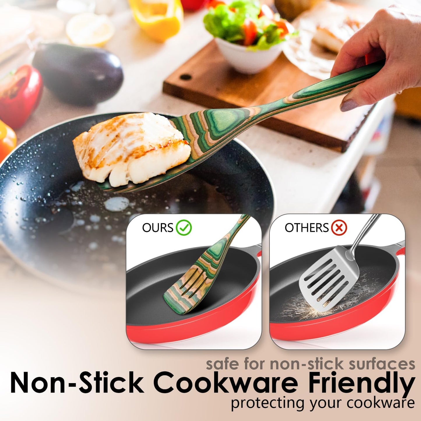 Kitchen Pakkawood Wooden Spoons for Cooking – 7-Piece Kitchen Utensil Set with Spatula, Corner Spoon, Rice Paddle – Nonstick Safe Durable Wooden Cooking Tools for Home Kitchen by Howhong (Oasis)