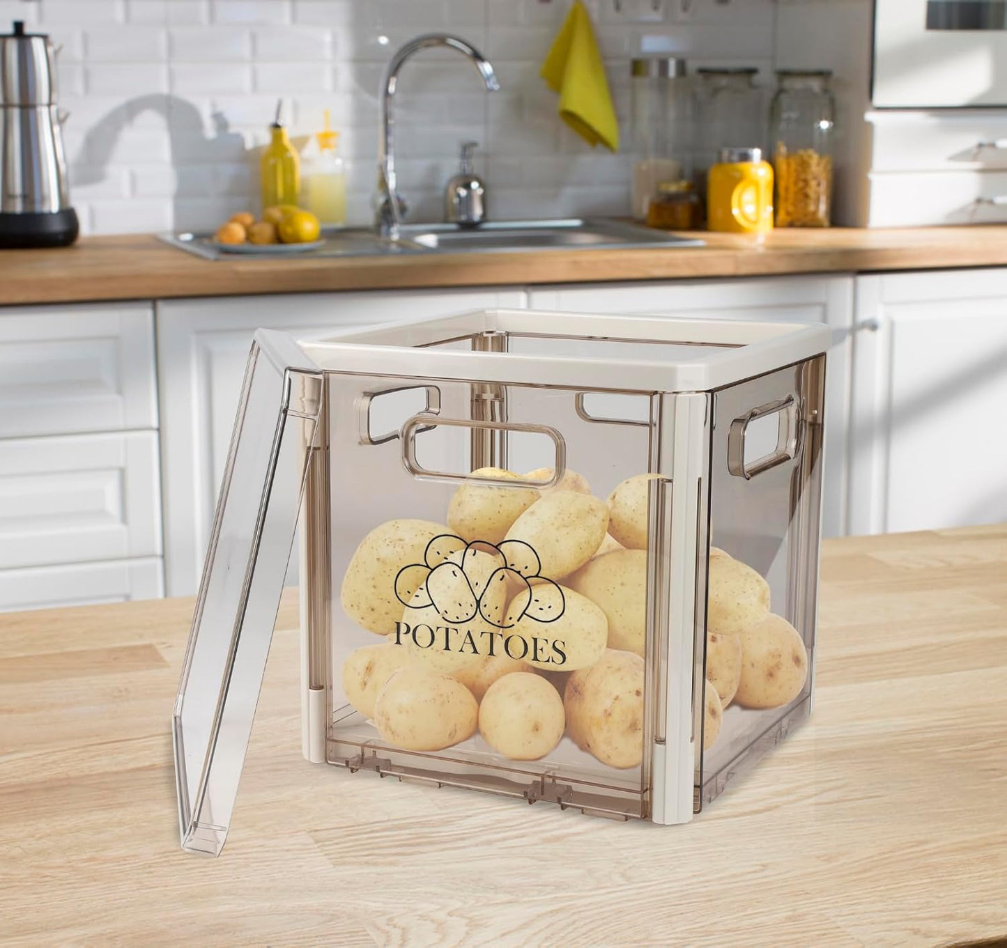 Potato Storage Bin With Lid and Handle - Stackable Container for Onions and Vegetables - Plastic Box Holder for Pantry Organization, BPA Free