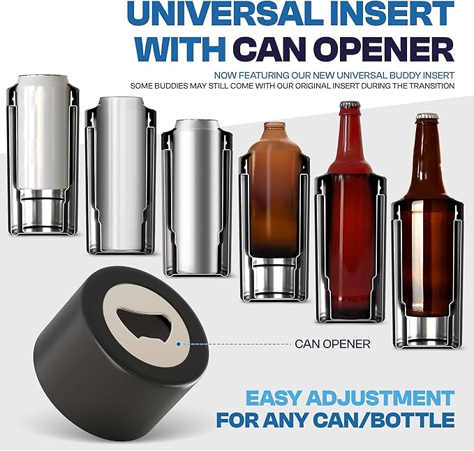 Frost Buddy Universal Can Cooler - Fits all - Stainless Steel Can Cooler for 12 oz & 16 oz Regular or Slim Cans & Bottles - Stainless Steel (Rocket Pop)