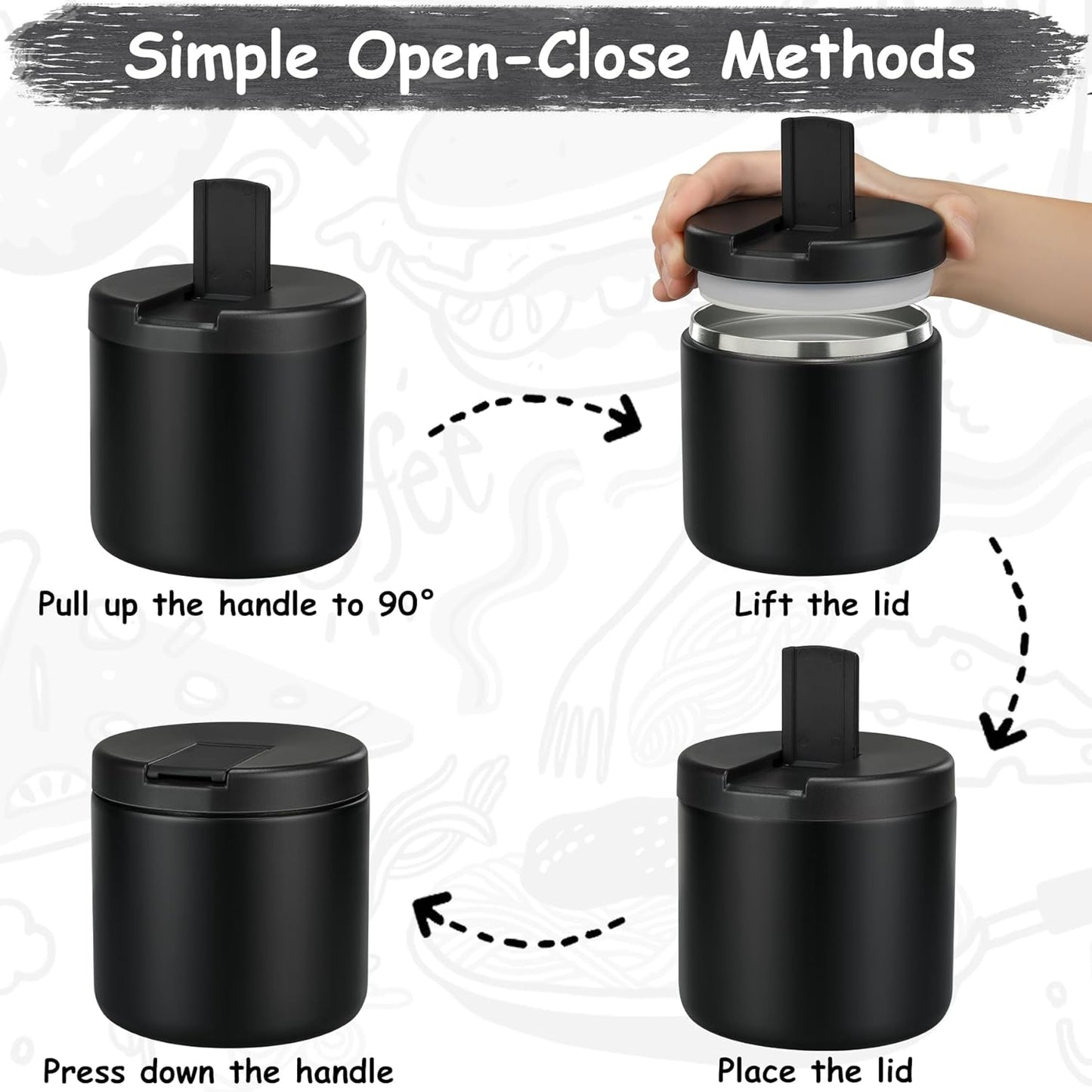19oz Insulated Vacuum Food Jar with Buckle Lid Wide Mouth Soup Thermo for Hot Food Kids Leakproof Stainless Steel Lunch Container- Black-1Pack