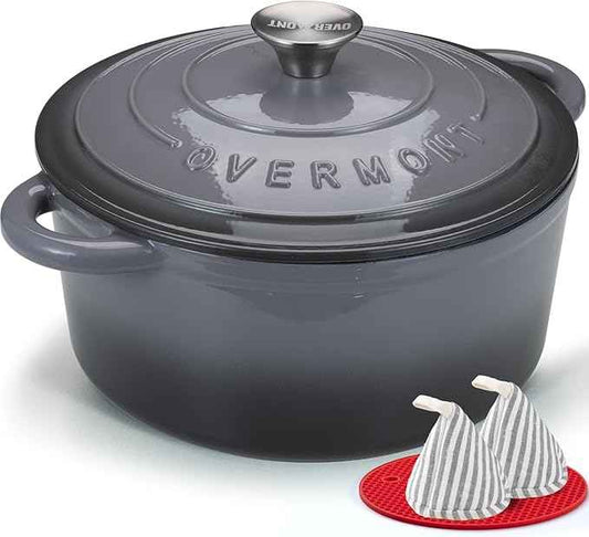 Overmont Enameled Cast Iron Dutch Oven - 7QT Pot with Lid Cookbook & Cotton Potholders - Heavy-Duty Cookware for Braising, Stews, Roasting, Bread Baking grey