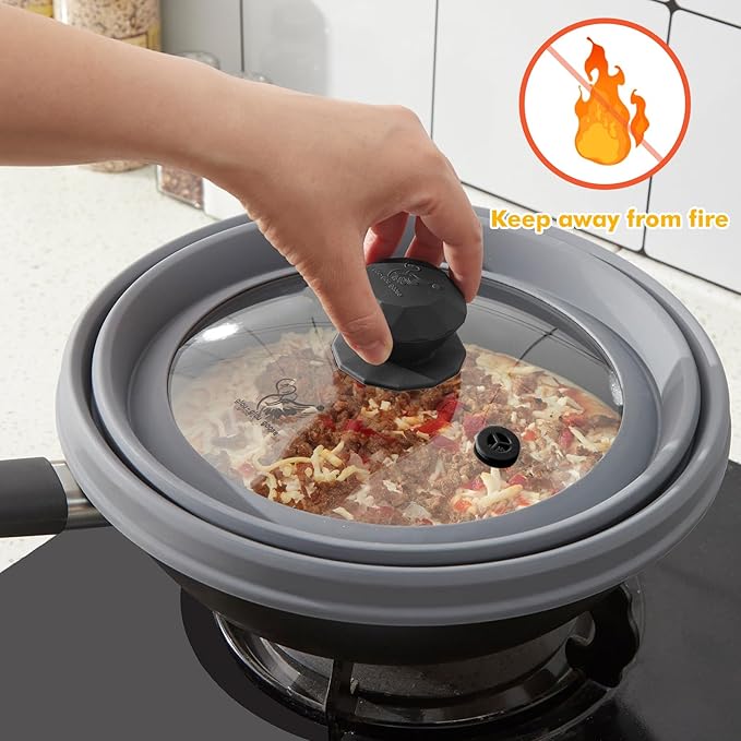 Microwave Splatter Cover Vented Glass Splatter Guard Lid with Collapsible Silicone for Food as Pot Cover 11.8 inch Large Plate for 6 7 8 9 10 11 inch Plate Bowl Light Grey