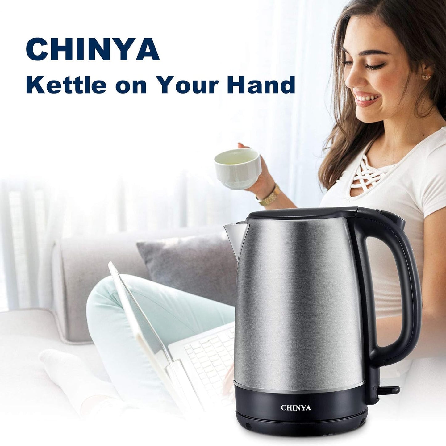 Electric Kettle, 1.7 Liter Stainless Steel Tea Kettle with Blue LED Light, Fast Heating Countertop Tea Maker Hot Water Boiler with Auto Shut-Off & Boil Dry Protection, Black