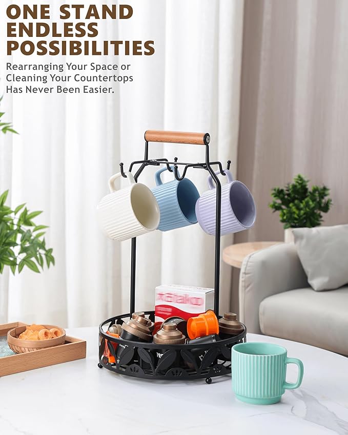 Mug Holder for Countertop, 2-in-1 Mug Tree for Large Mugs & Coffee Cup Stand with Storage Basket - Mug Rack & Organizer for Coffee Bar Accessories