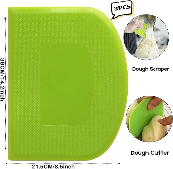 SURDOCA Dough Scraper Bench Scraper - 3P 14.2x8.5" Plastic Flexible Bowl Scraper, Sharp Edge & Angles Cake Scraper. Non-Slip Bakeware Decorating Tools Sculpting & Modeling Tools - Green+Blue+Green