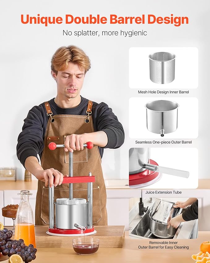VEVOR 0.44 Gal/1.65L Fruit Wine Press, 2 Stainless Steel Barrels, Manual Juice Maker, Cider Apple Grape Tincture Honey Olive Oil Making Press with T-Handle for Outdoor Kitchen Home