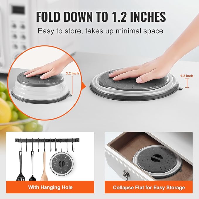 VEVOR Microwave Splatter Covers, 2 Pack 10.4" Collapsible Microwave Lid for Food, 300°F Heat-Resistant PP Splatter Guard for Plate Dish, Multi-Use Kitchen Colander Gadget for Washing Fruits Vegetables