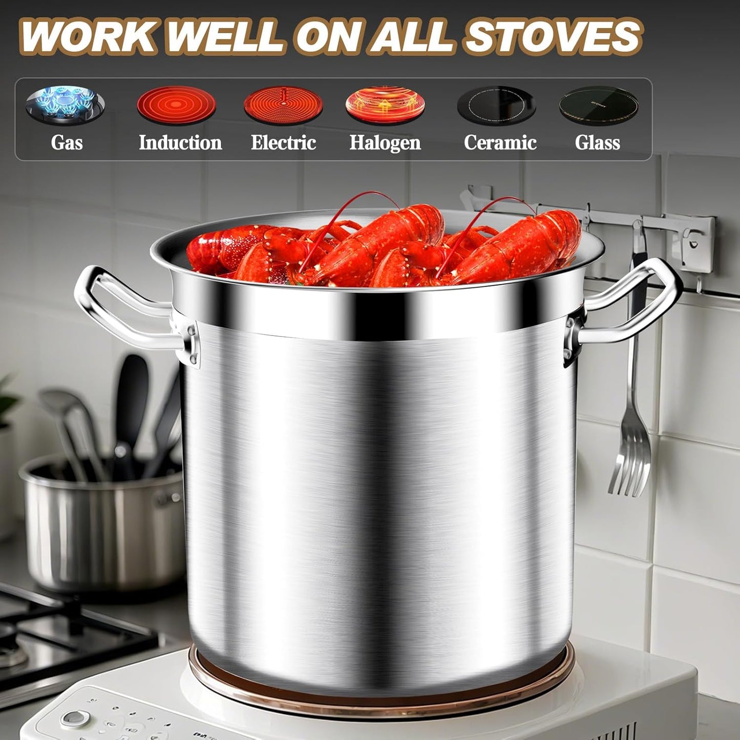 Large Stock Pot - 35Qt Brushed Stainless Steel Stock Pot With Lid - Heavy Duty Induction Commercial Grade Stockpots for Soup, Stew, Oven, Gas, Ceramic, and Dishwasher Safe
