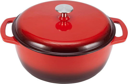 Amazon Basics Cast Iron Dutch Oven Pot with Lid, Enameled, Round, Dual Handles, Heavy-Duty, Large, 7.3-Quart, Red