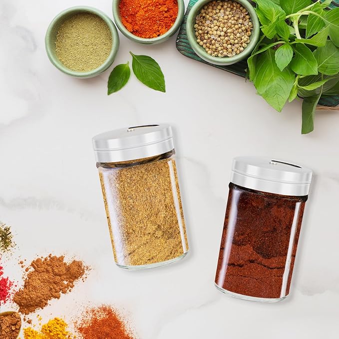Segarty Spice Jars, 3 Pack 3 oz Spice Bottles with Shaker Lids, Glass Empty Seasoning Containers with Adjustable Pour Holes for Kitchen Spice Storage Stainless Steel Flow Top Salt and Pepper Shakers