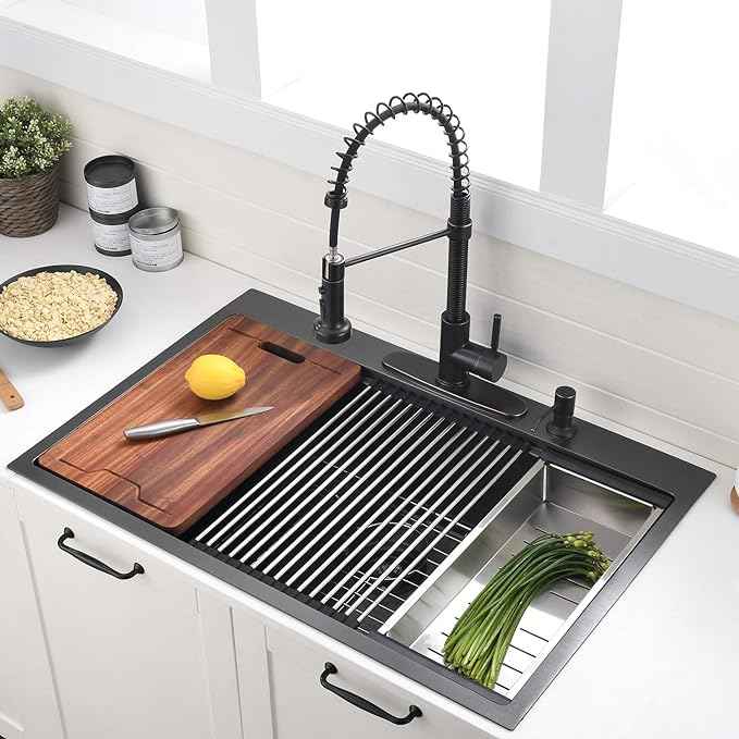 28 Inch Black Drop In Kitchen Sink Workstation - VOKIM 28x22-Inch Drop In sink 16 Gauge Stainless Steel 10'' Deep Single Bowl Handmade Kitchen Sink with Cutting Board & Strainer