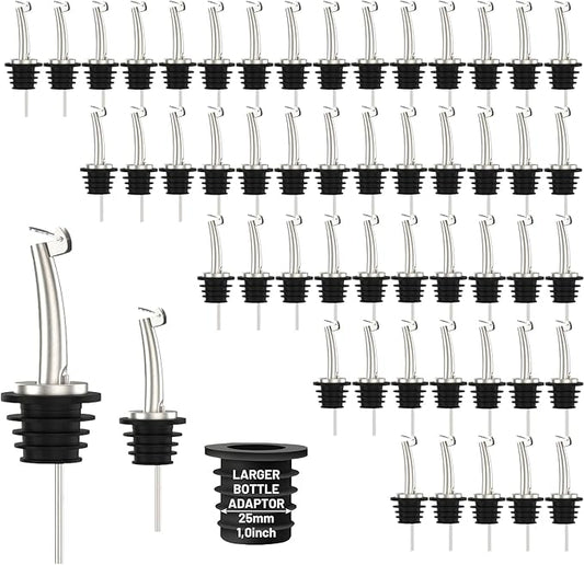 48-Pack Auto Flip Liquor Bottle Pourers with Adapters, Liquor Pour Spout Adapters set for for Large Olive Oil Bottles and Liquor Bottles - Up to 1 Inch/25mm Neck Converts Spout into Large Pour Spout