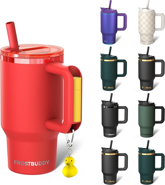 Frost Buddy Thicc Buddy - 16 oz Stainless Steel Vacuum Insulated Tumbler with Lid and Straw for Water - Travel Mug Cupholder Friendly - Gifts for Women Men Him Her (Red)