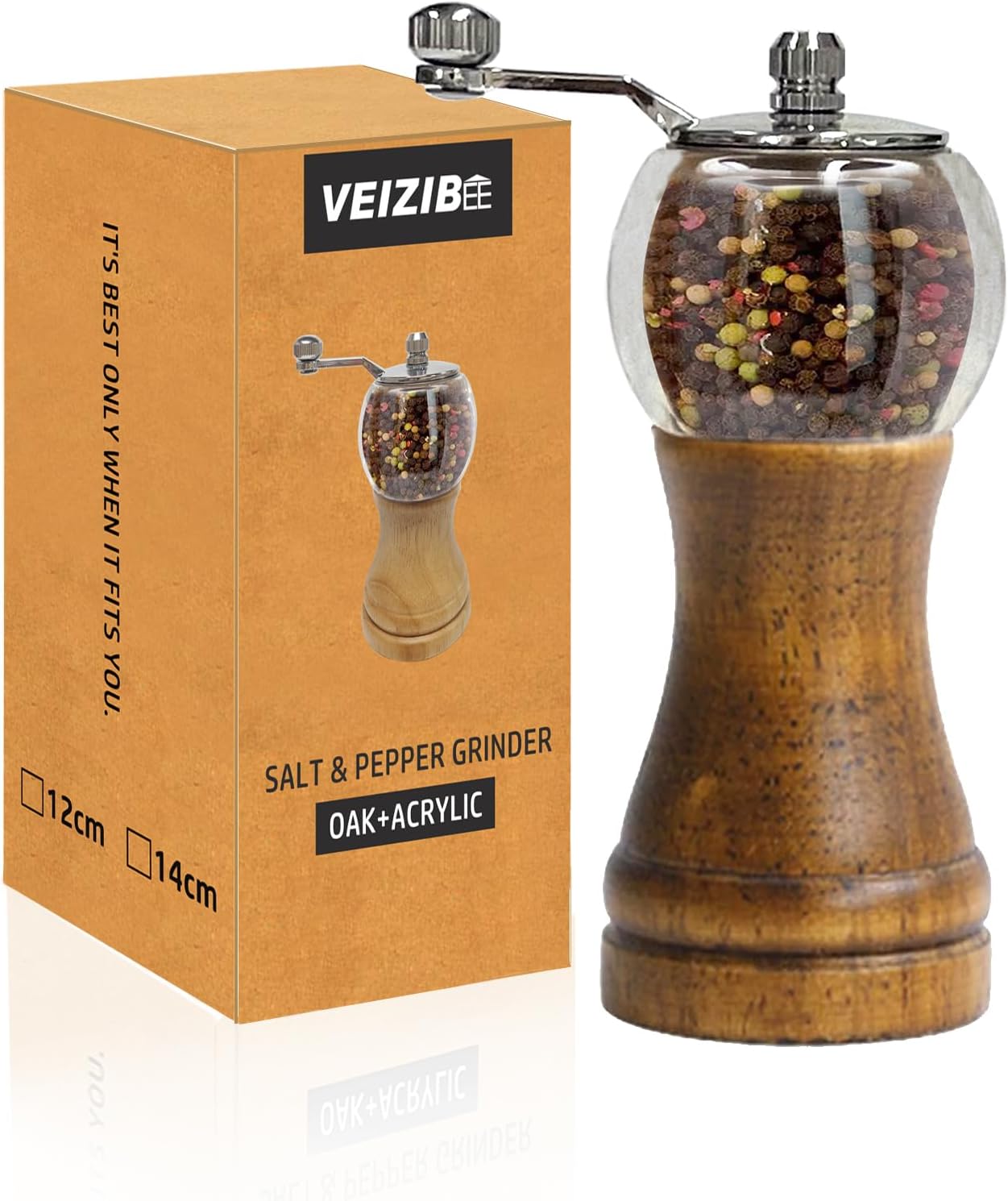 Pepper Mill Set, Manual Pepper Mills, Classical Hand Shake Wooden Pepper Grinder Set or Salt Grinder, Salt Mills Ceramic Blades Metal Handle, Enjoy Fresh Ground spices (Antique 1pcs-6in)